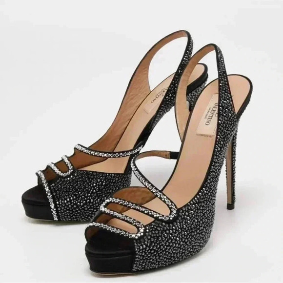 Valentino Shoes - Valentino SZ 7.5 Black Crystal embellished slingback heels